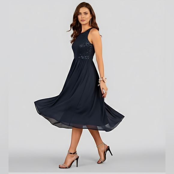 Chiffon Sequin Cami Dress Navy Blue* - Picture 4 of 9